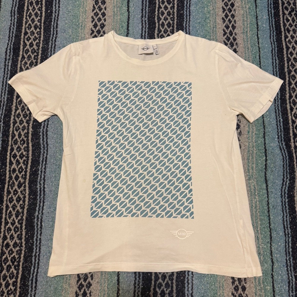 MINI Cooper Mens T-Shirt Large White Teal Geometric Graphic Logo Portugal Cotton